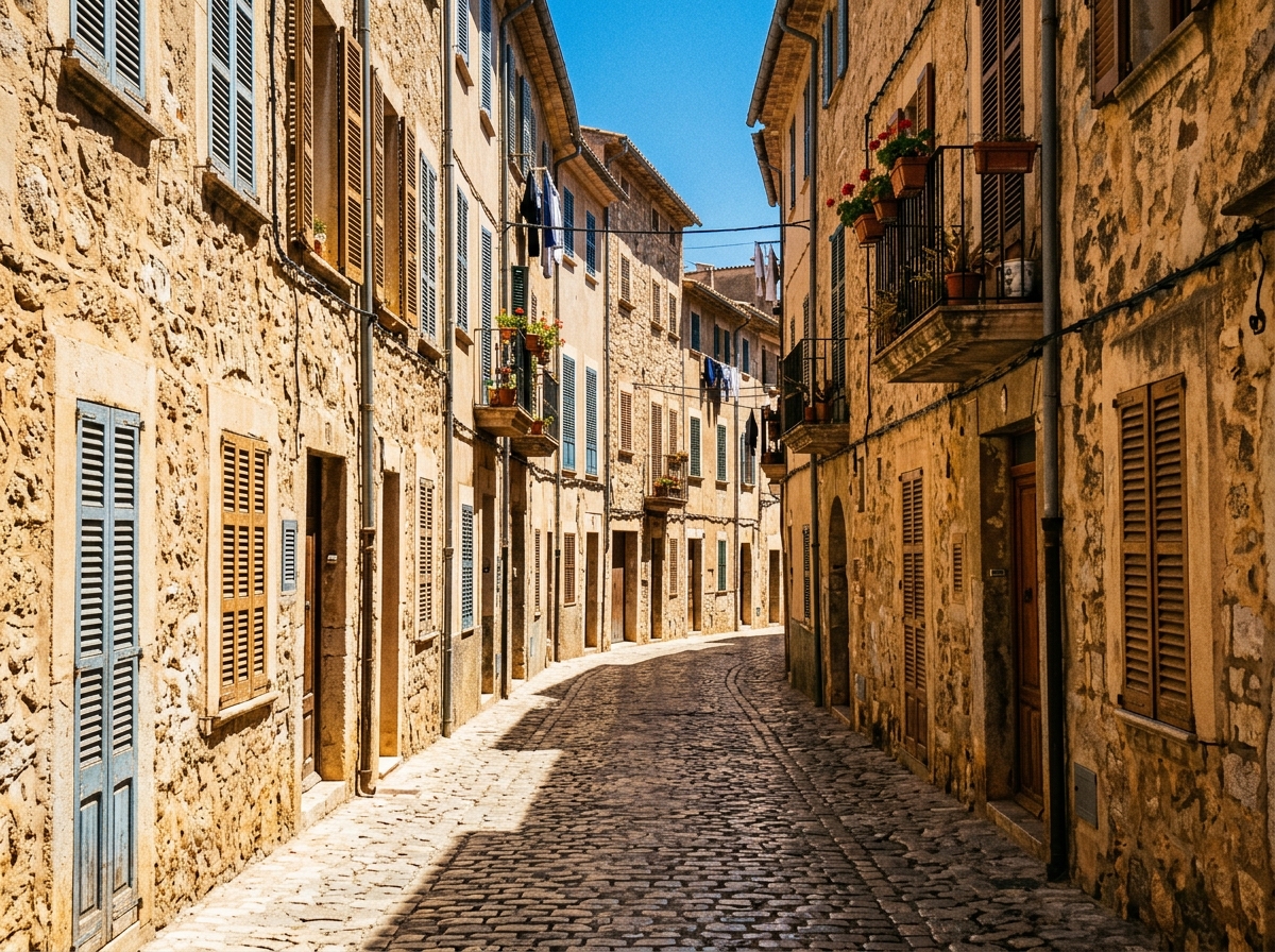 A narrow cobblestone street curves between tall stone buildings with wooden window shutters in bright sunlight.