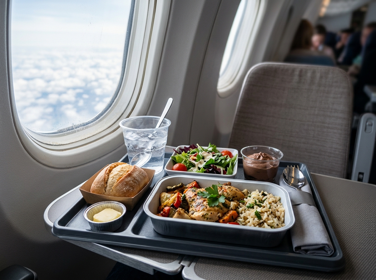 An airline meal tray set on a tray table by an airplane window, featuring chicken, rice, salad, bread, and dessert.