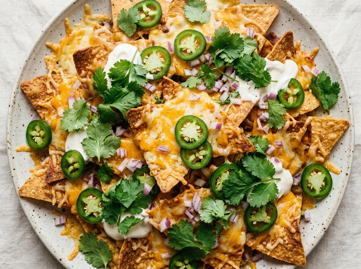 A plate of tortilla chips topped with melted cheese, sliced jalapeños, diced red onions, sour cream, and fresh cilantro.
