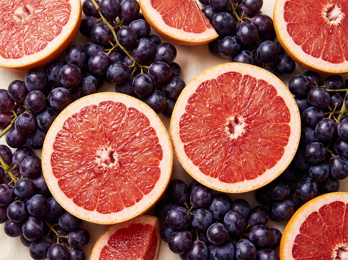 Halves and slices of pink grapefruit are arranged among clusters of dark purple grapes.