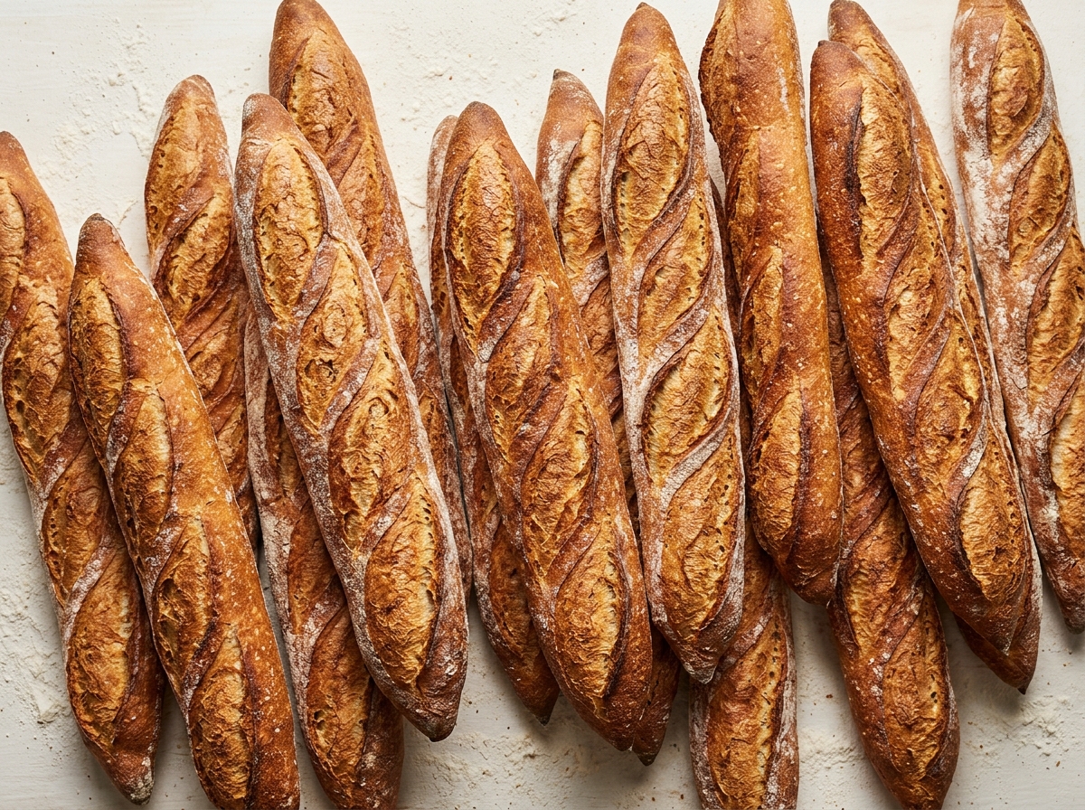 Freshly baked French baguettes with scored, golden-brown crusts laid out side by side on a flour-dusted surface.
