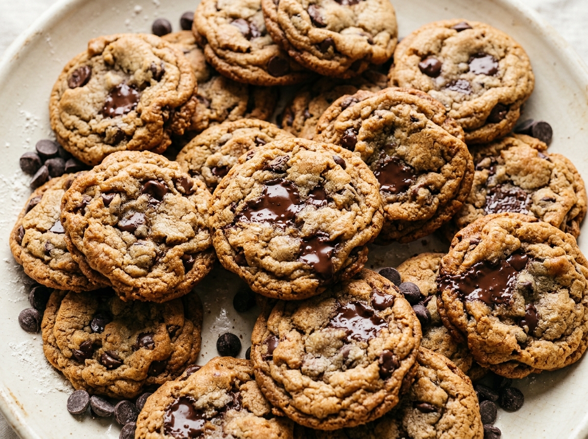 Golden-brown chocolate chip cookies with melted chocolate centers piled on a plate among scattered chocolate chips.