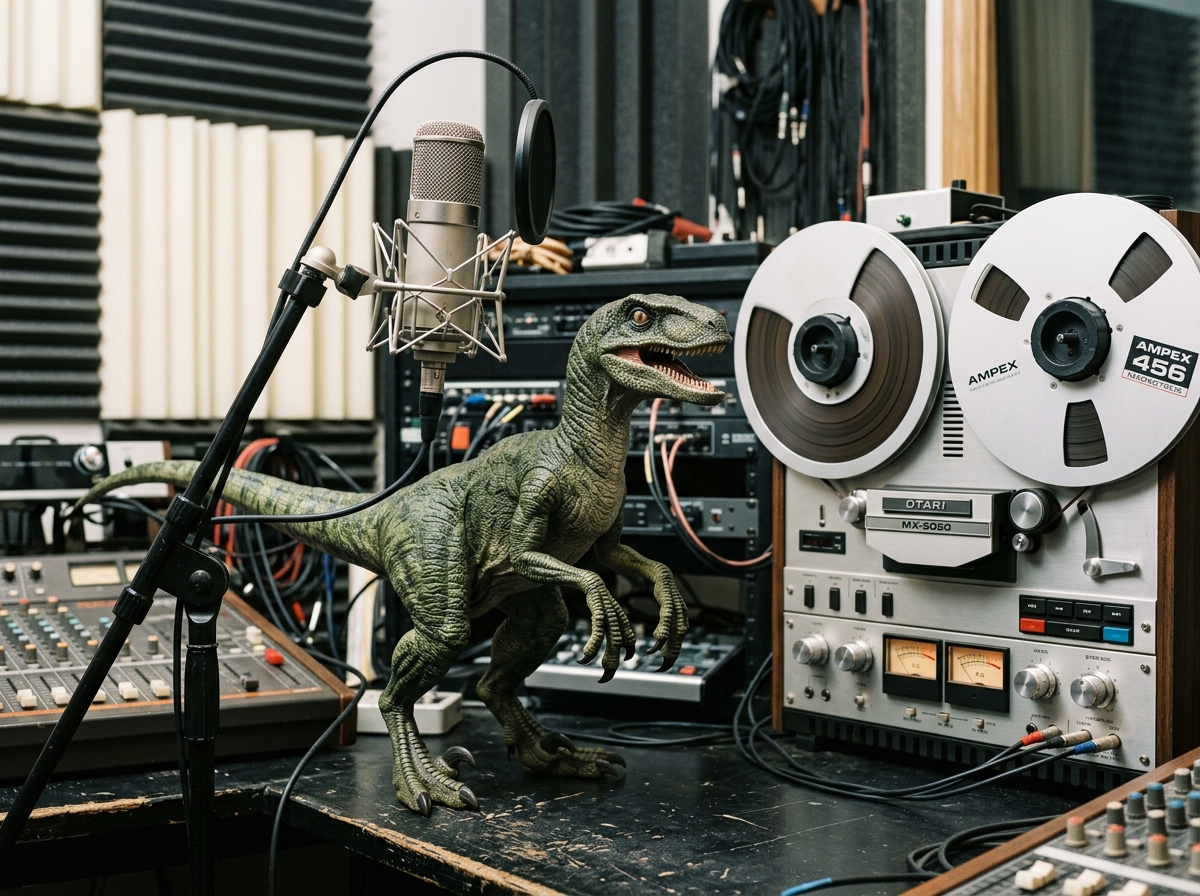 A green velociraptor figurine stands before a microphone and a reel-to-reel tape recorder in a recording studio.