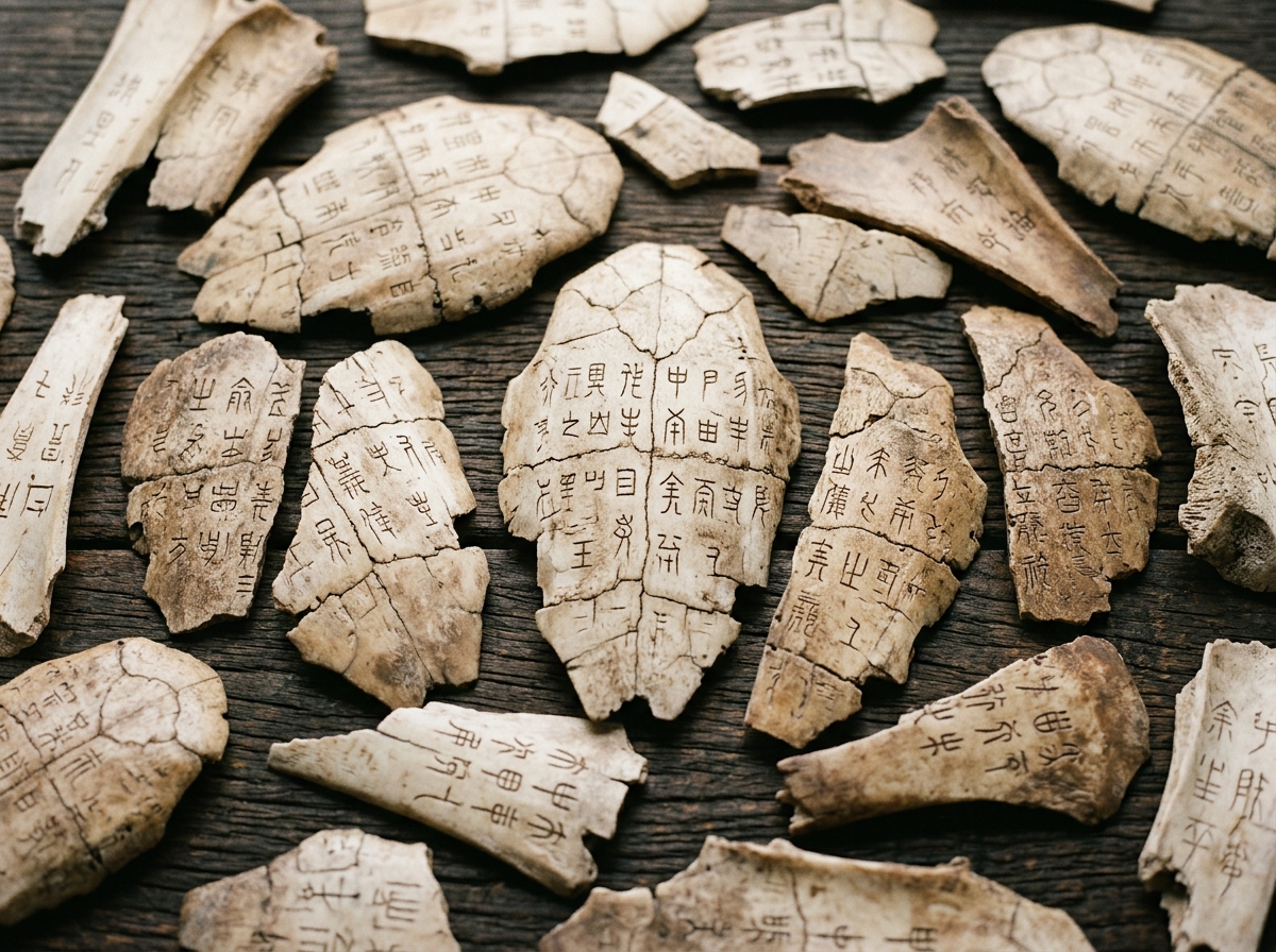 Ancient oracle bone fragments carved with early Chinese characters are scattered across a dark wooden surface.