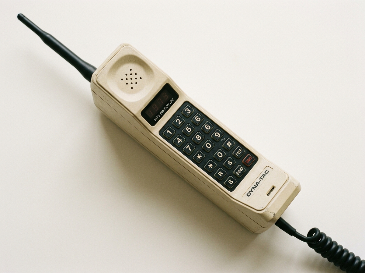 A vintage beige Dyna-TAC prototype mobile phone featuring a black antenna, numeric keypad, and coiled black cable.