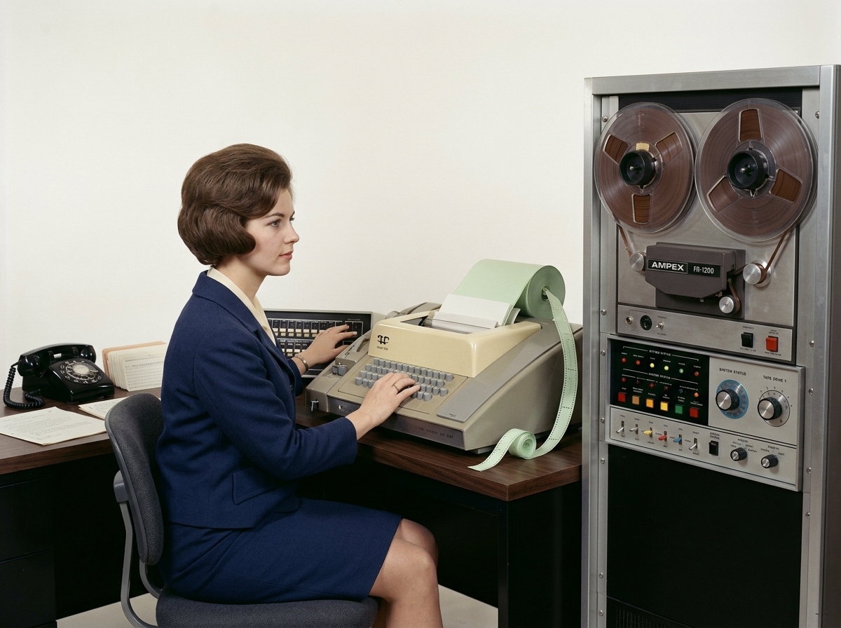 A woman in a blue suit types at a vintage computer terminal beside a large reel-to-reel magnetic tape drive.