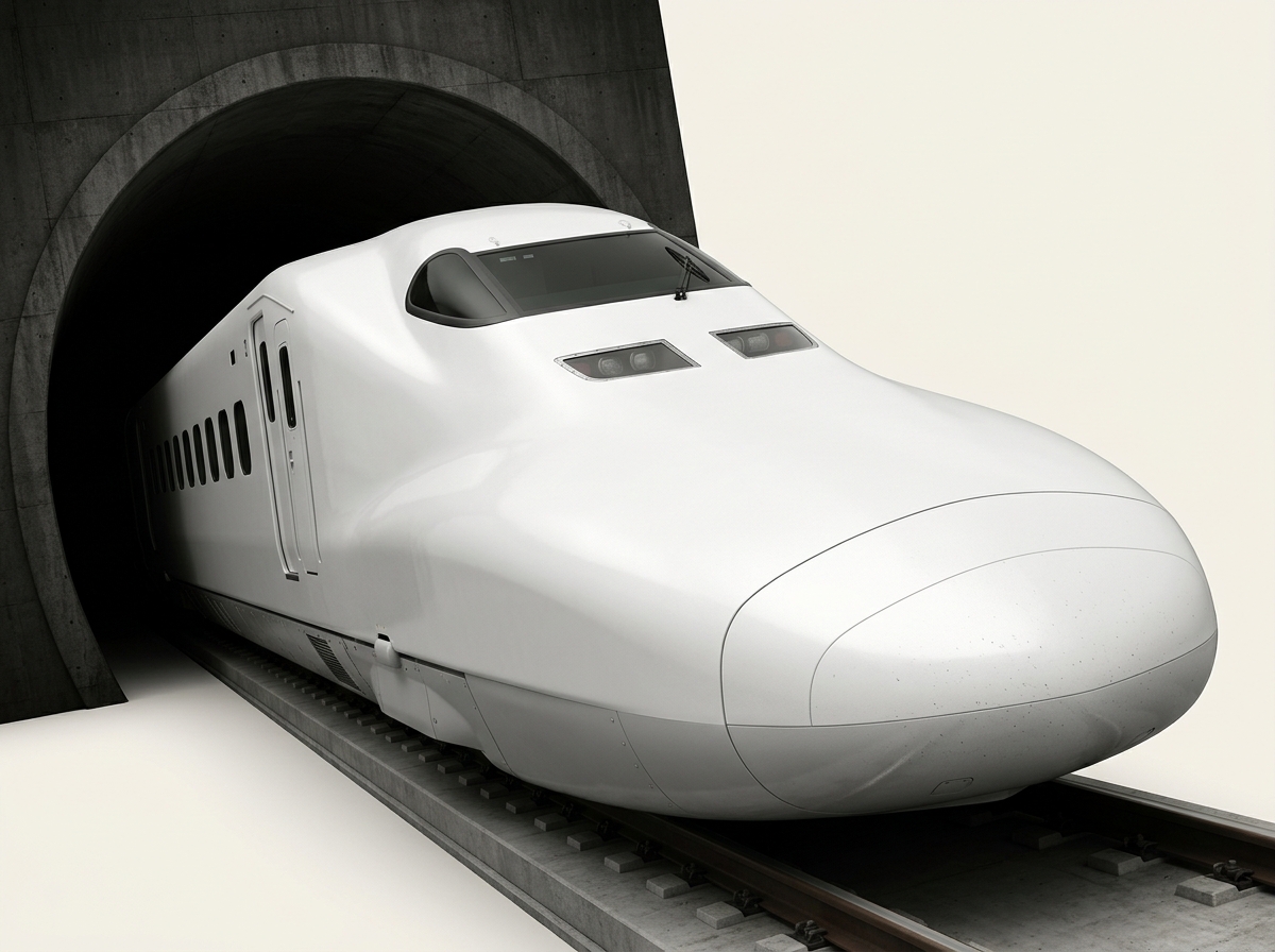 A white high-speed bullet train with an aerodynamic nose emerges from a dark concrete tunnel along railway tracks.