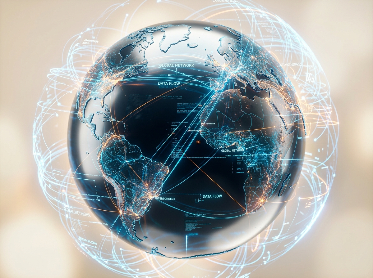 A digital globe surrounded by glowing network lines and data flow connections bridging the continents.