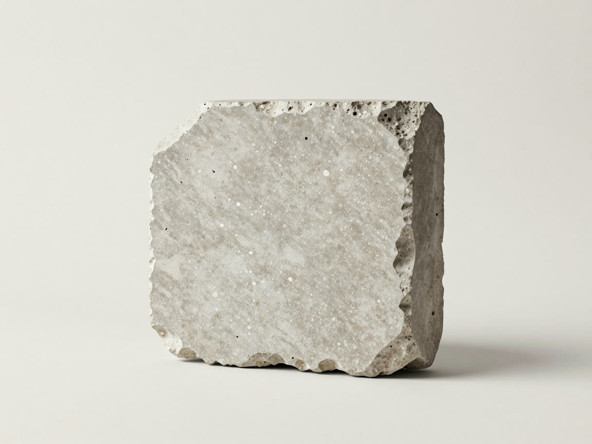 A rough-edged gray concrete block cross section displaying numerous tiny white specks across its flat surface.