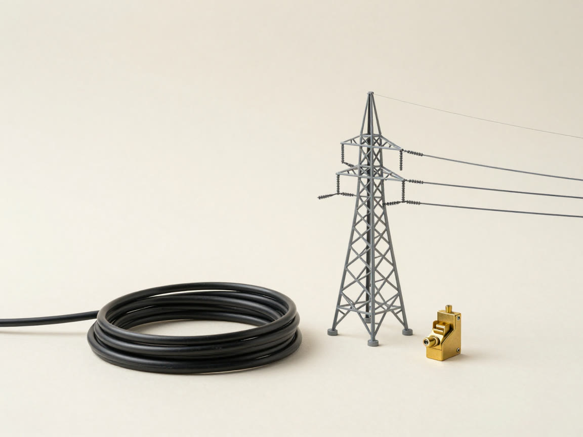 A coiled black cable sits beside a miniature transmission tower with power lines and a small brass component.