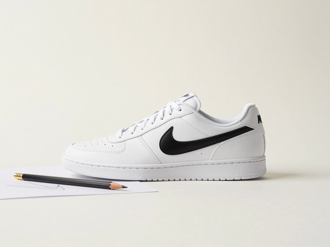 A white Nike sneaker with a black Swoosh sits next to a sheet of paper with a logo sketch and a pencil.