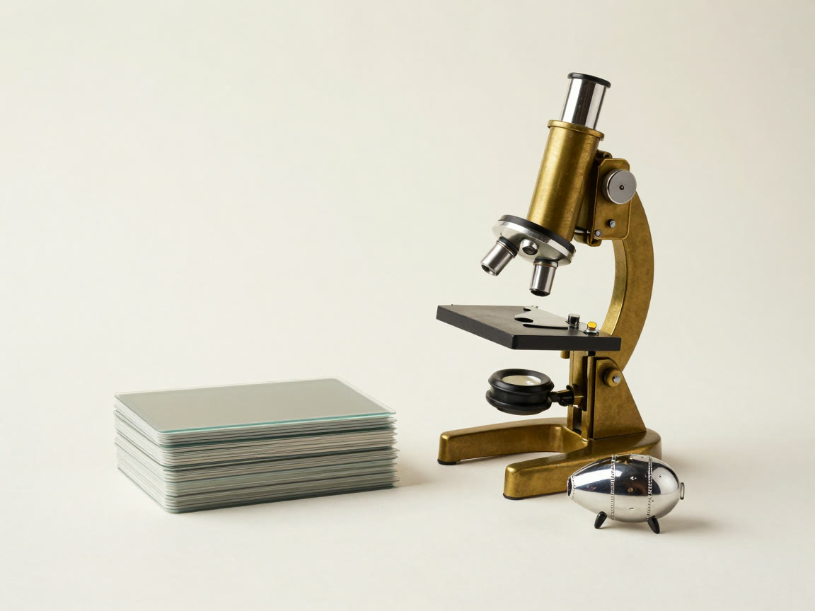 A vintage brass microscope stands next to a stack of glass slides and a small silver metal tardigrade figurine.