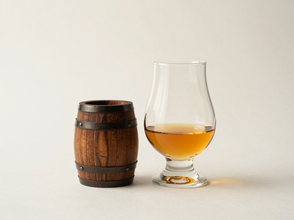 A miniature wooden barrel sits beside a tulip glass filled with amber whisky.