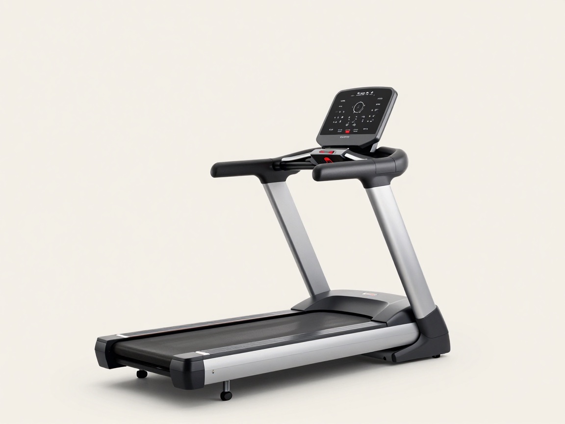 A modern motorized treadmill with a black running deck, silver frame, handrails, and a digital console display.