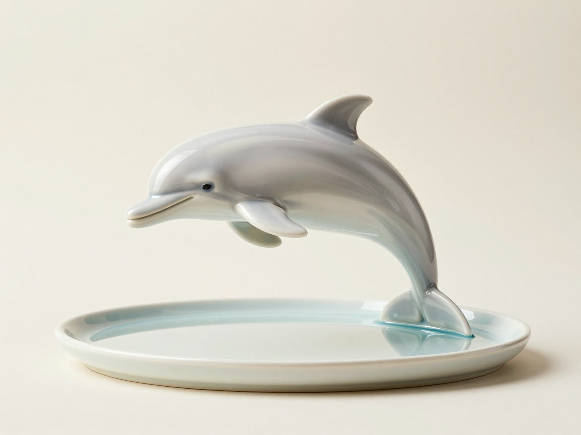 A glossy ceramic figurine of a bottlenose dolphin leaps above a shallow, pale blue porcelain tray anchored by its tail.