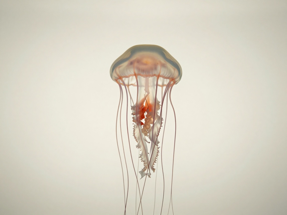 A translucent jellyfish floats with slender tentacles trailing beneath its umbrella-shaped bell and ruffled oral arms.