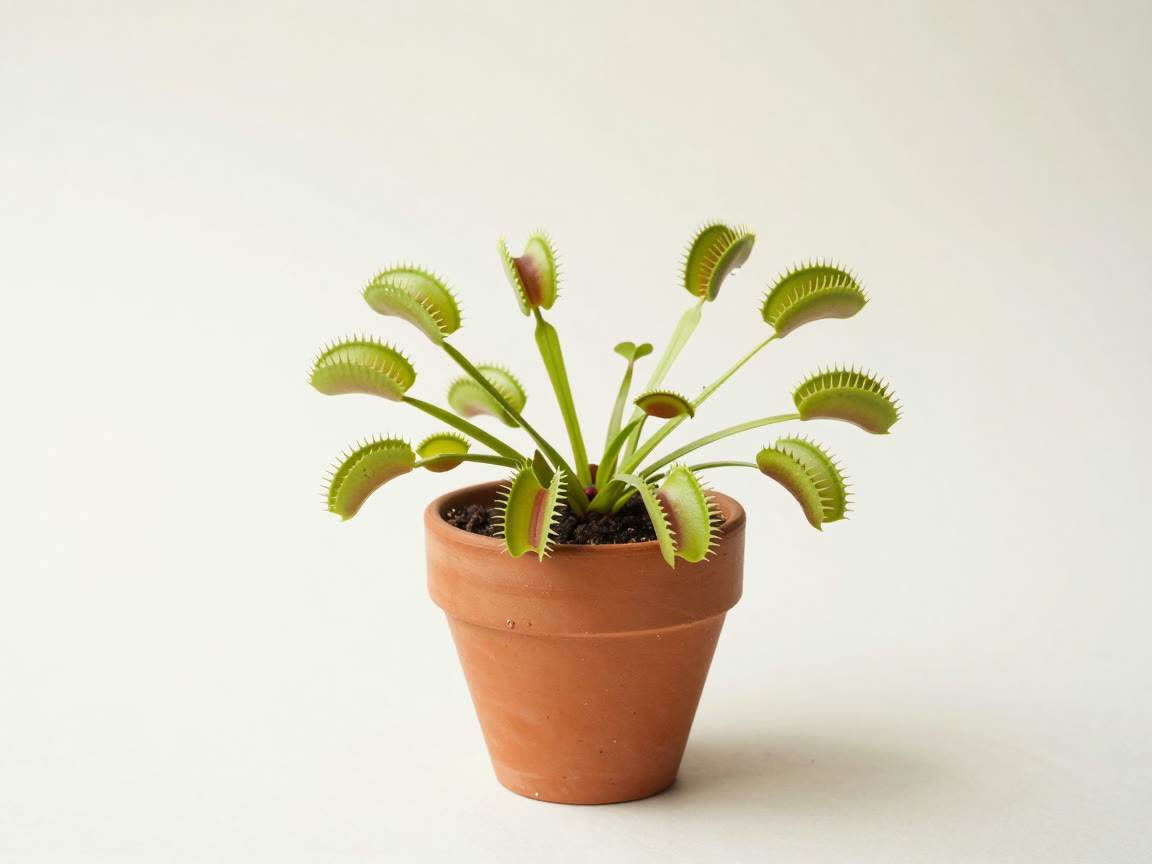 A Venus flytrap plant with multiple open, tooth-edged traps grows in a small terracotta pot.