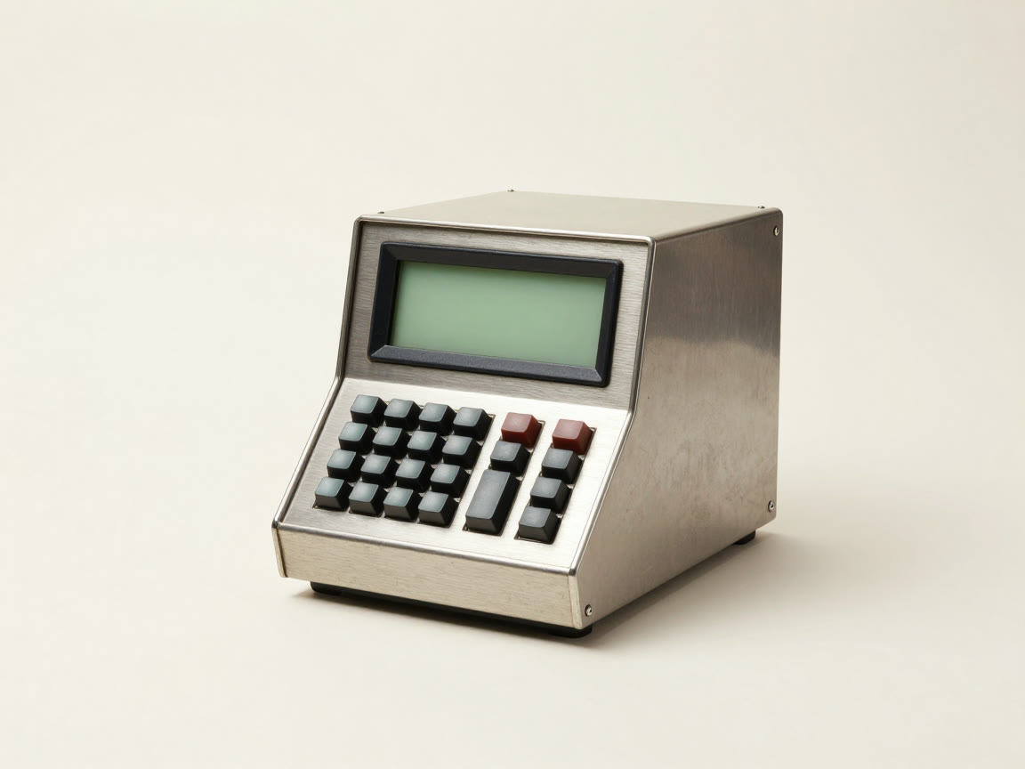 A vintage metal desktop console featuring a blank rectangular screen and an unlabeled push-button keypad.