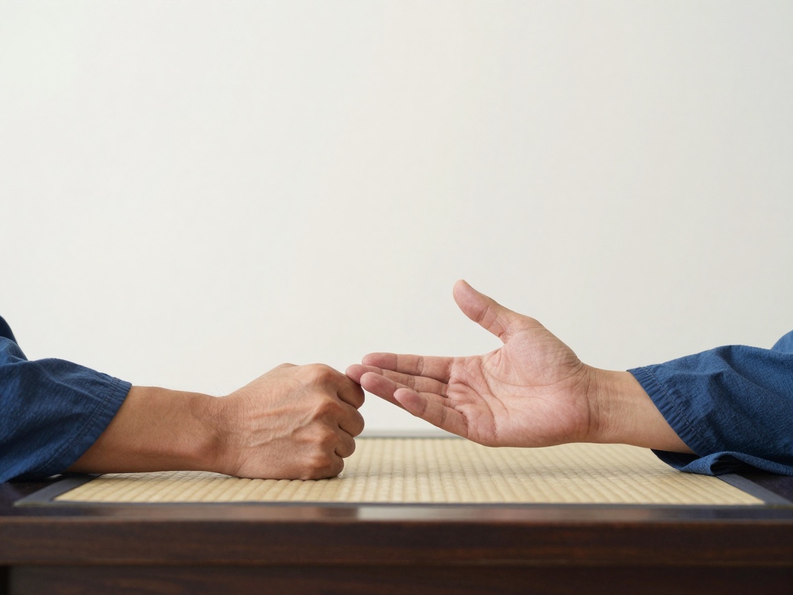 Two hands in blue sleeves face each other over a tatami tabletop, one forming a fist and the other an open palm.