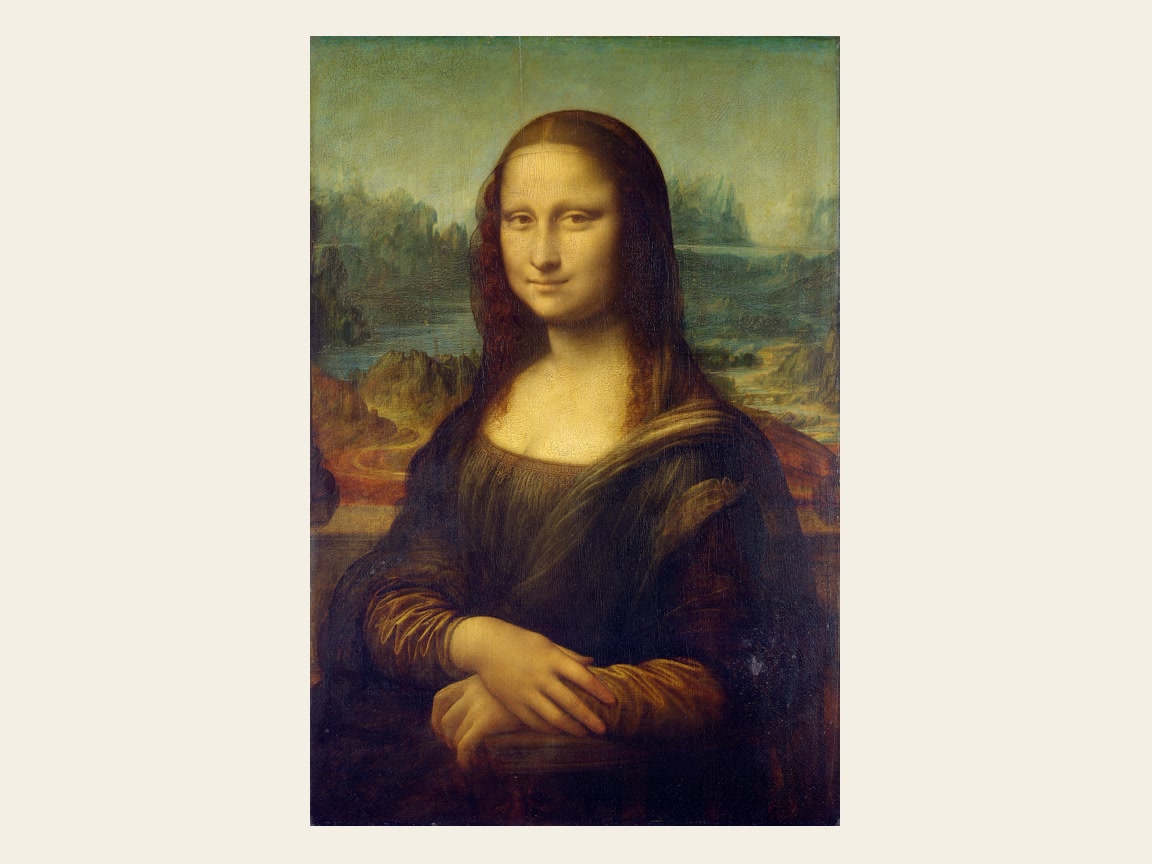 The Mona Lisa painting depicts a woman with a subtle smile and crossed hands before a hazy, mountainous landscape.