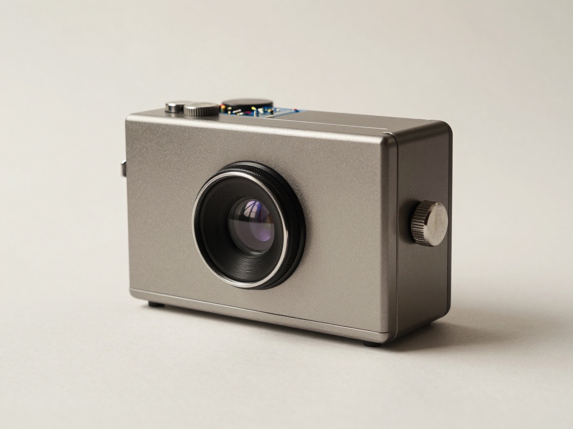 A minimalist gray rectangular camera features a round front lens, metal knobs, and partially exposed circuitry on top.