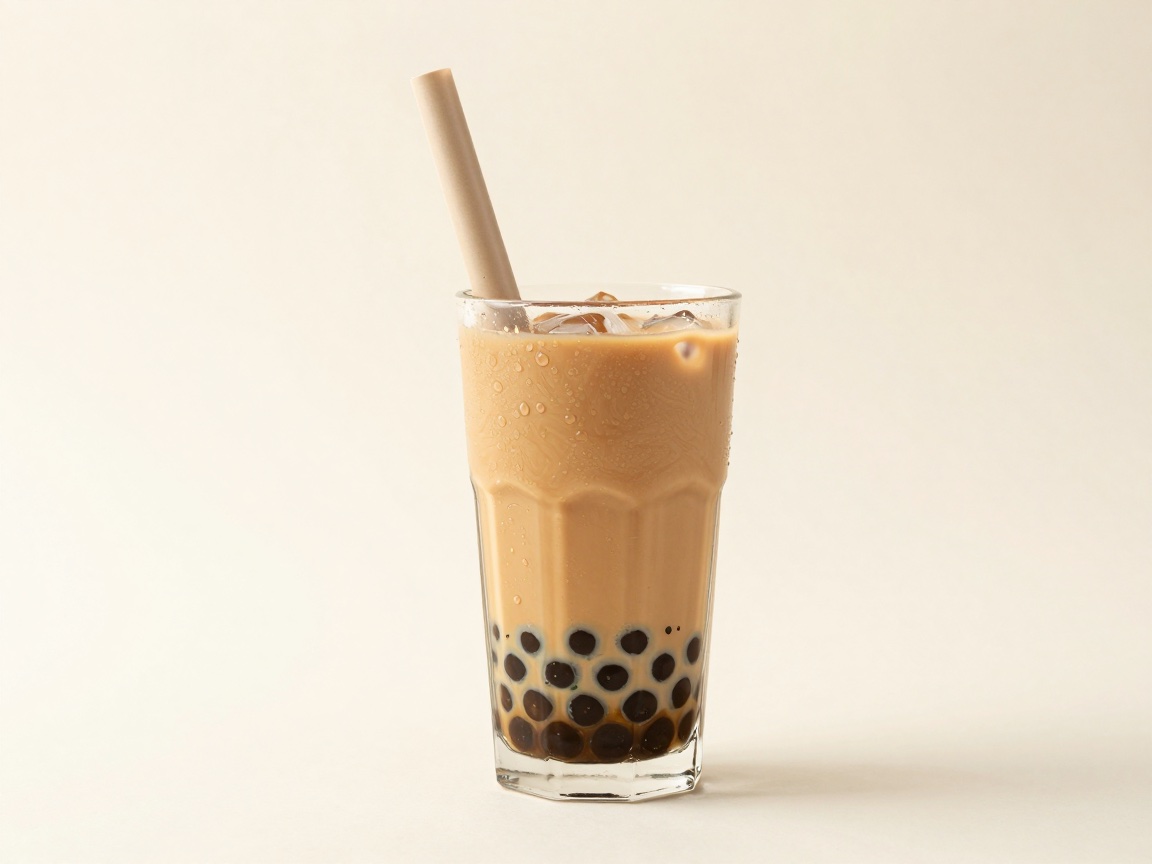 A faceted glass of iced bubble milk tea with black tapioca pearls at the bottom and a thick straw.