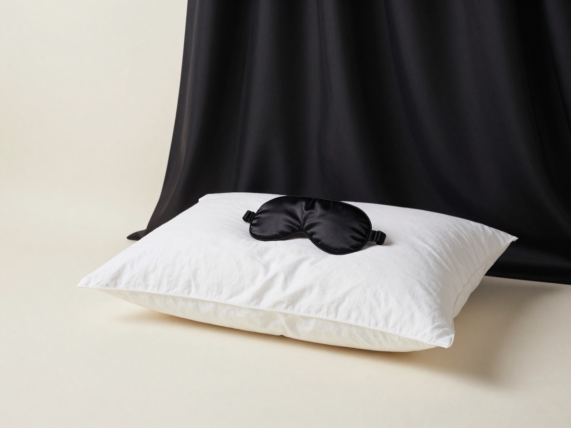 A black silk sleep mask rests on a white pillow in front of a draped black curtain.