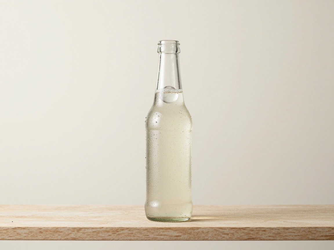 A clear glass soda bottle with a marble lodged in its neck stands on a wooden surface, filled with fizzy liquid.