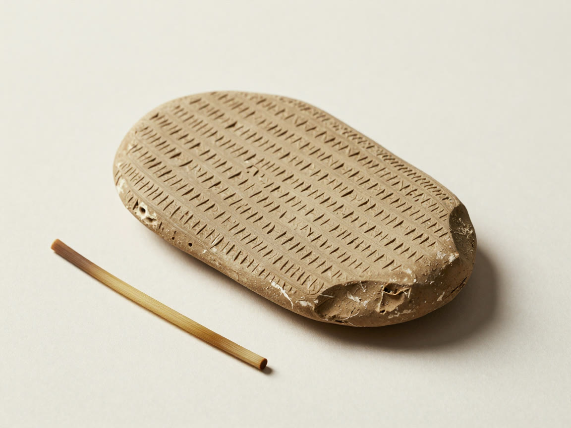 An oval clay tablet inscribed with rows of cuneiform markings rests beside a slender reed stylus.