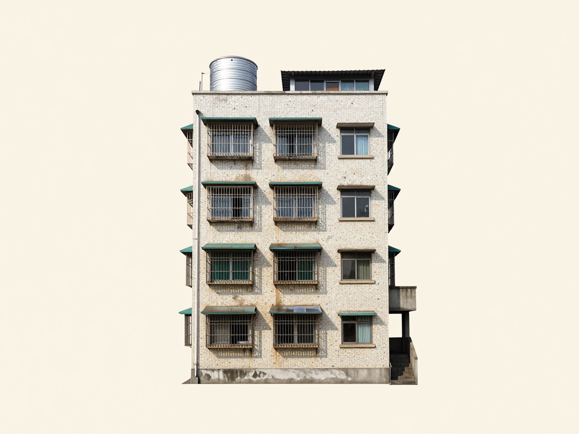 A four-story Taiwanese walk-up apartment with iron window grilles, awnings, and a rooftop water tank.