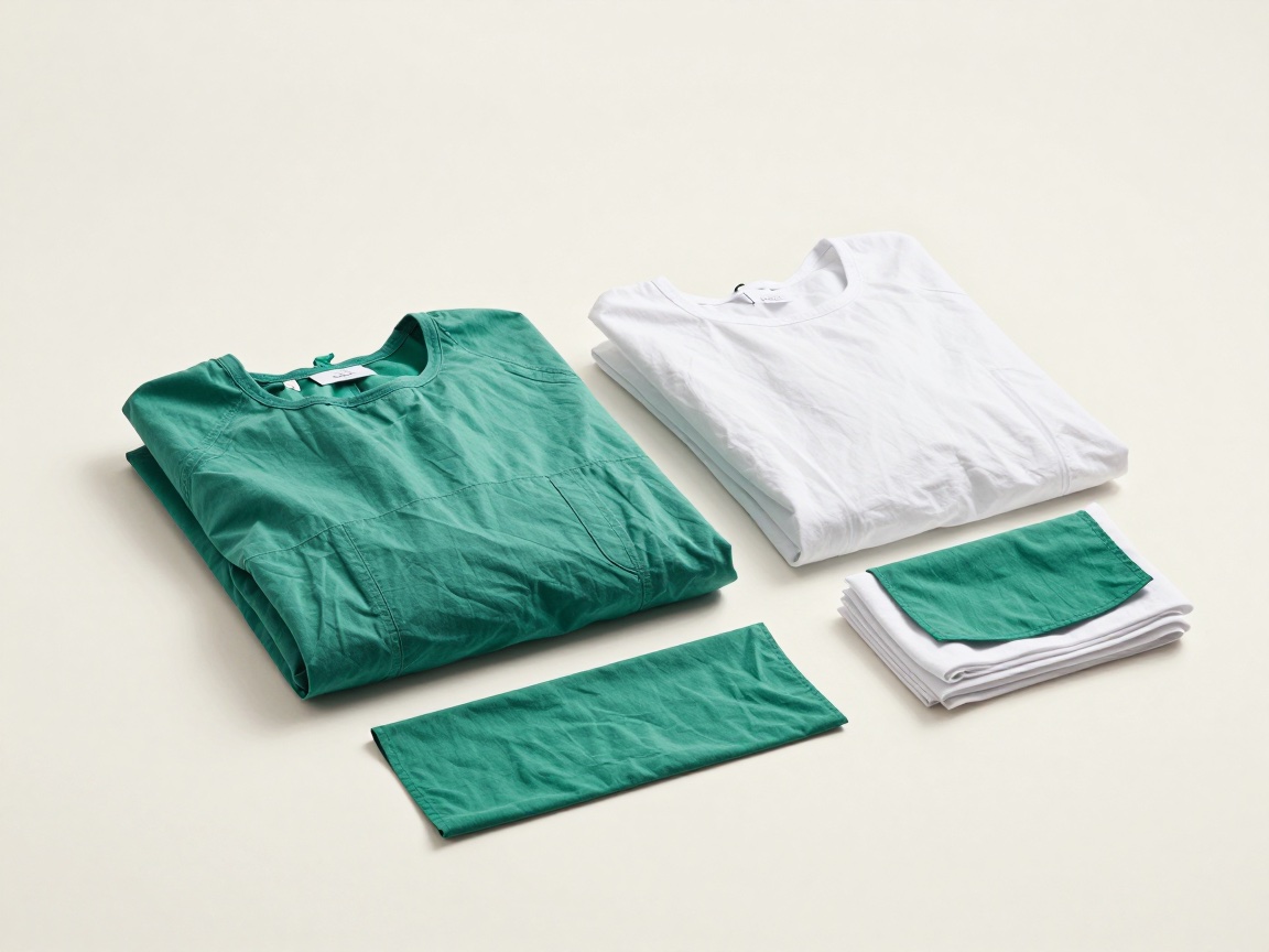 Folded green surgical scrubs and white medical garments arranged with matching folded cloths on a flat surface.