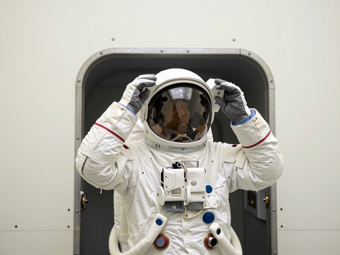 An astronaut in a white spacesuit stands in a hatchway, using both hands to adjust or remove their helmet.