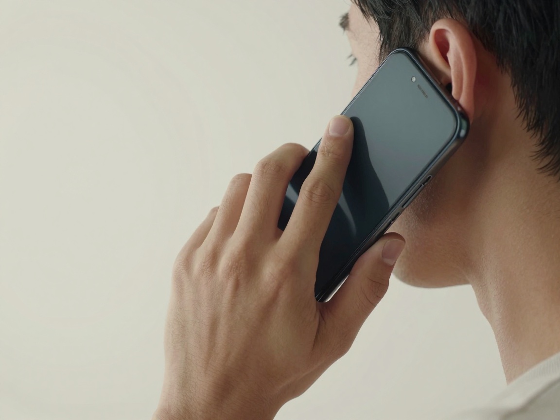 A man seen from behind holding a dark smartphone to his ear to make a call.