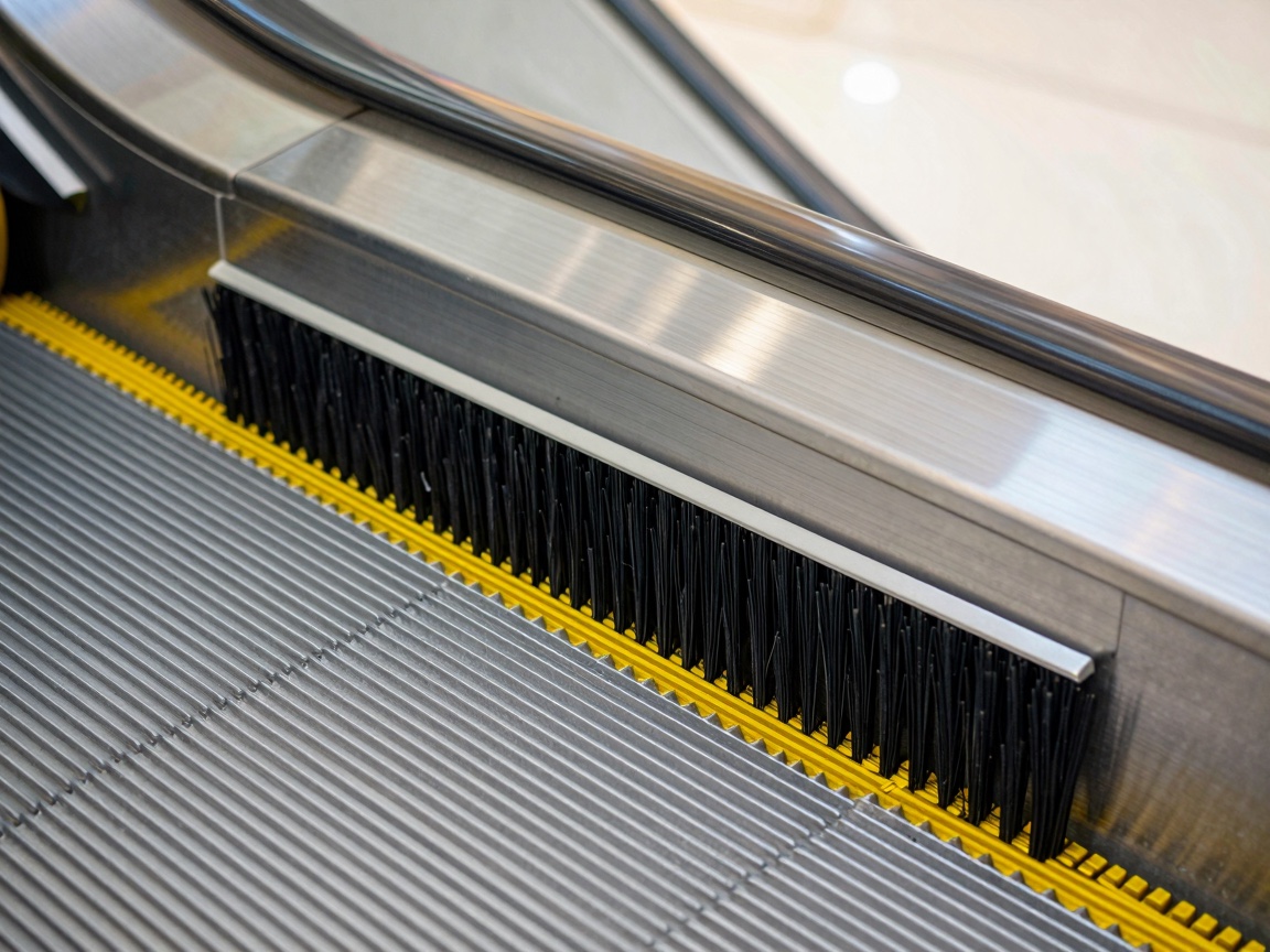 Black bristle brushes line the stainless steel side panel directly above the grooved metal steps of an escalator.