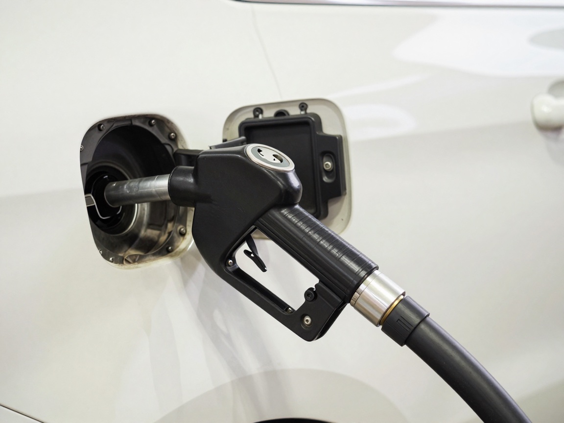 A black fuel nozzle is inserted into the open gas tank of a white car.
