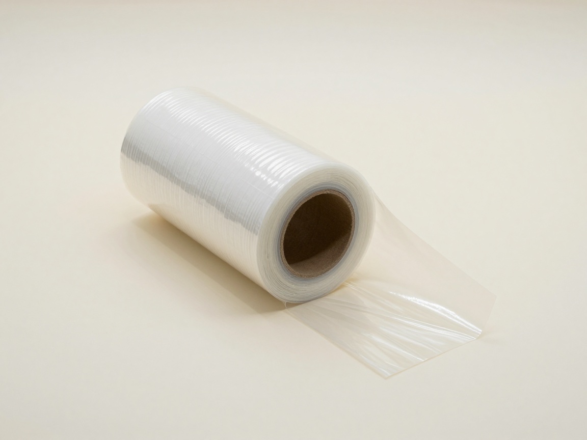 A roll of clear plastic wrap lies on its side, a pulled-out sheet spread flat on the table and the cardboard core visible.