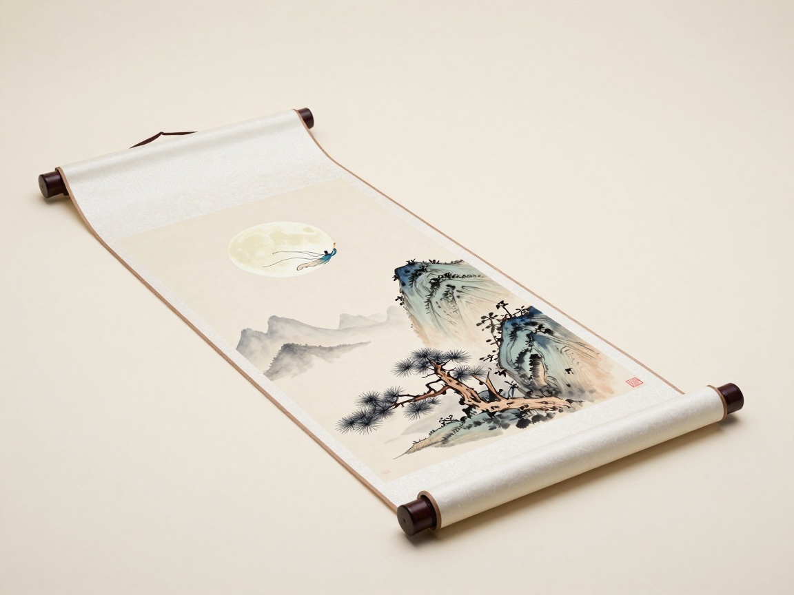 An unrolled hanging scroll depicts a traditional painting of Chang'e flying toward a full moon above mountain peaks.
