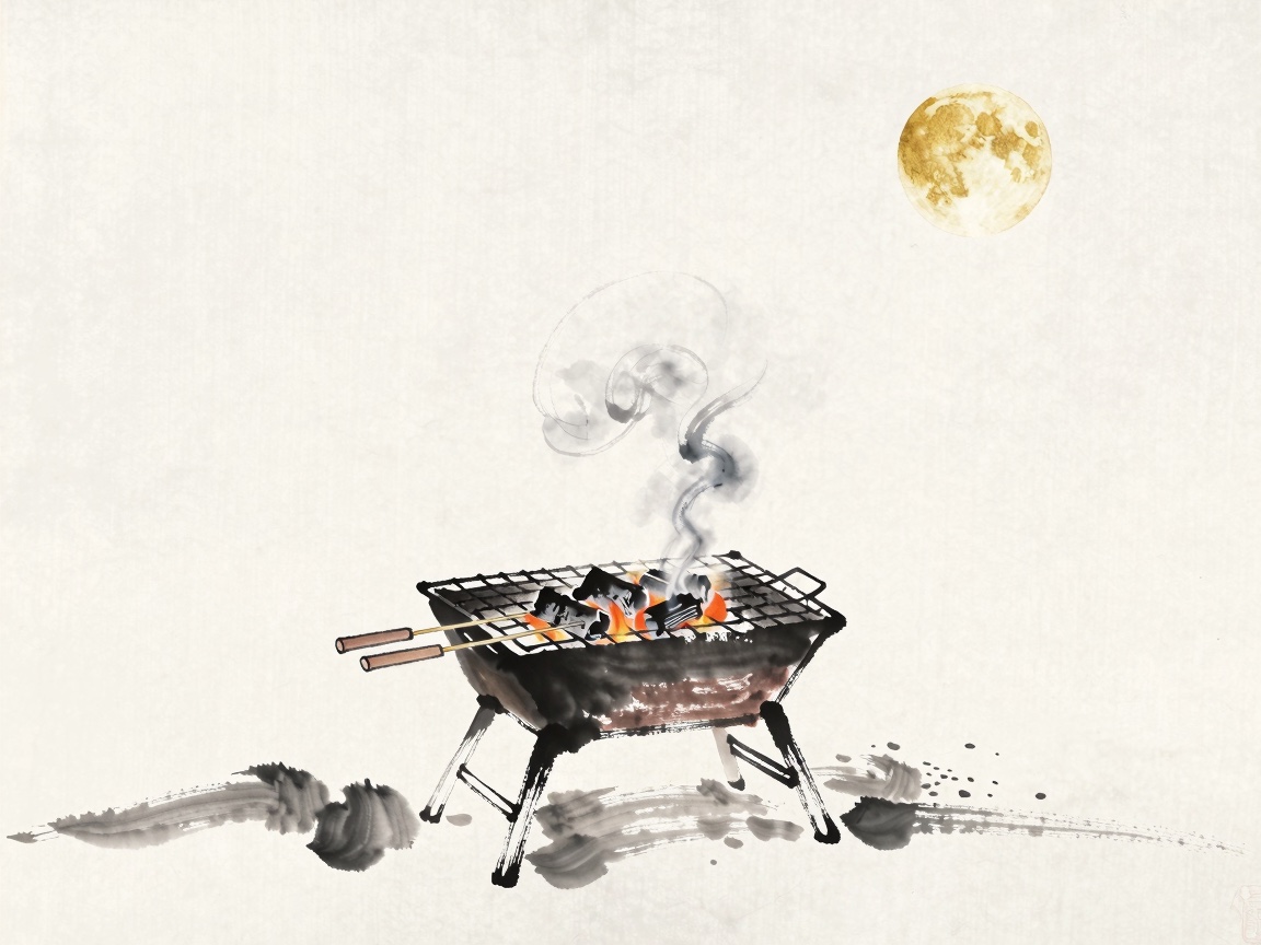 An ink-wash painting of a charcoal barbecue grill emitting wisps of smoke beneath a glowing golden full moon.