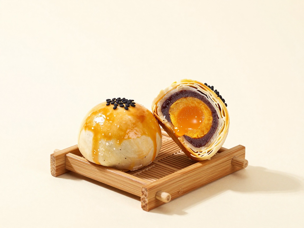 Two egg yolk pastries on a bamboo tray: one whole with a glossy sesame crust, one cut open to show flaky layers, bean paste and an orange salted yolk.