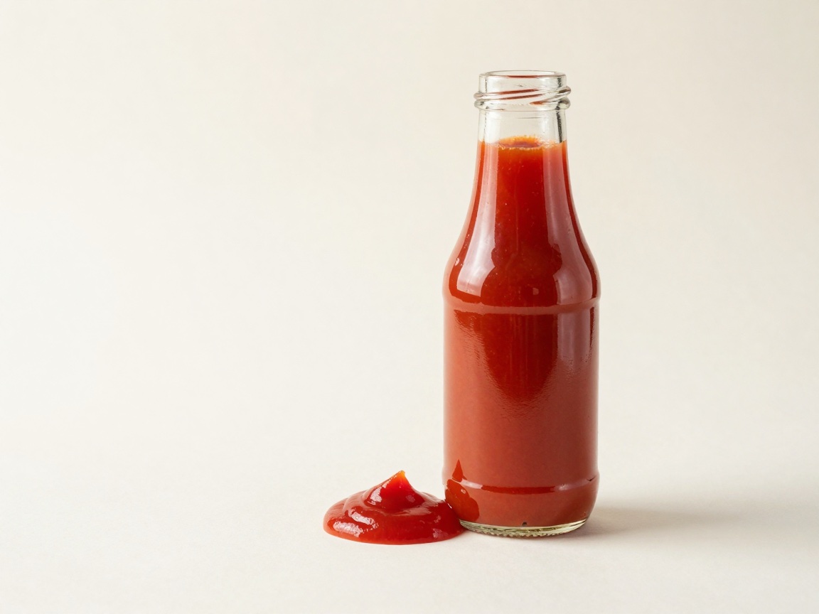 An open glass bottle full of red ketchup on a cream background, with a small dollop of ketchup beside its base.