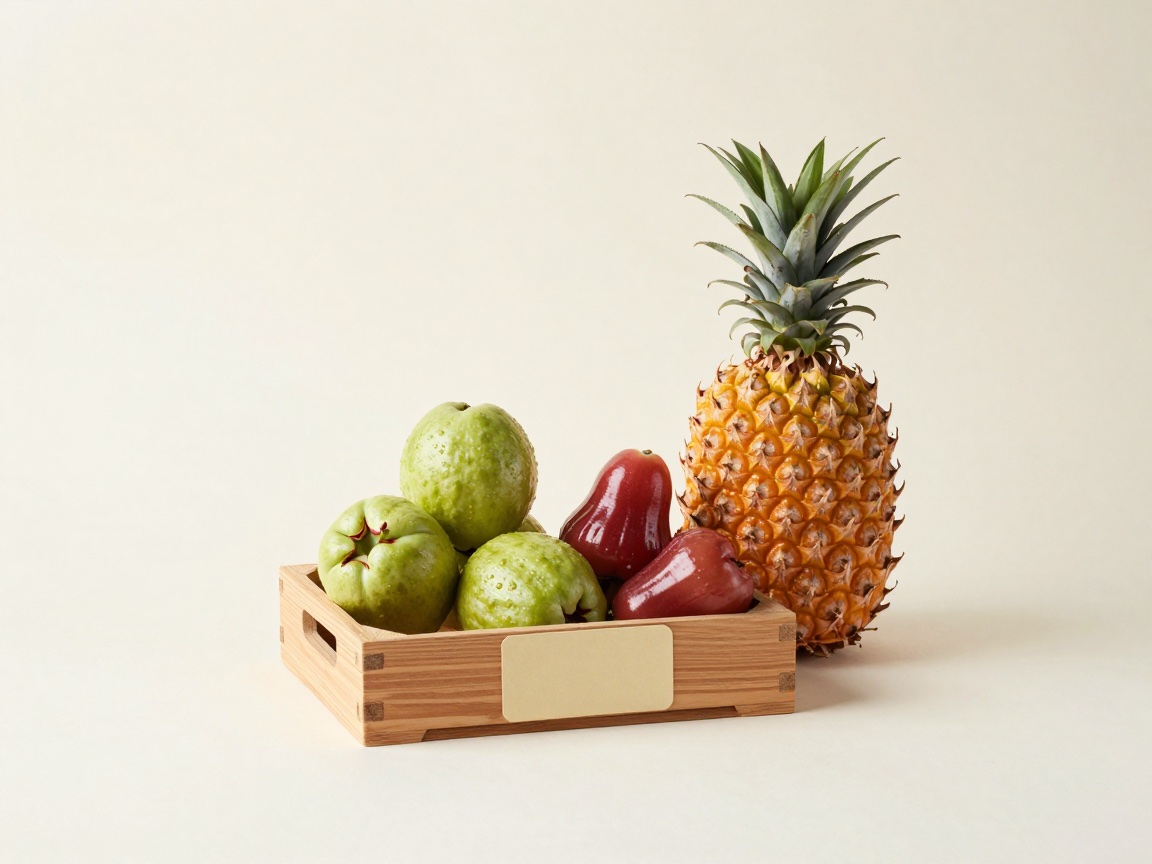 Green guavas and dark red wax apples in a small wooden crate beside a golden pineapple with its leafy crown, on a cream background