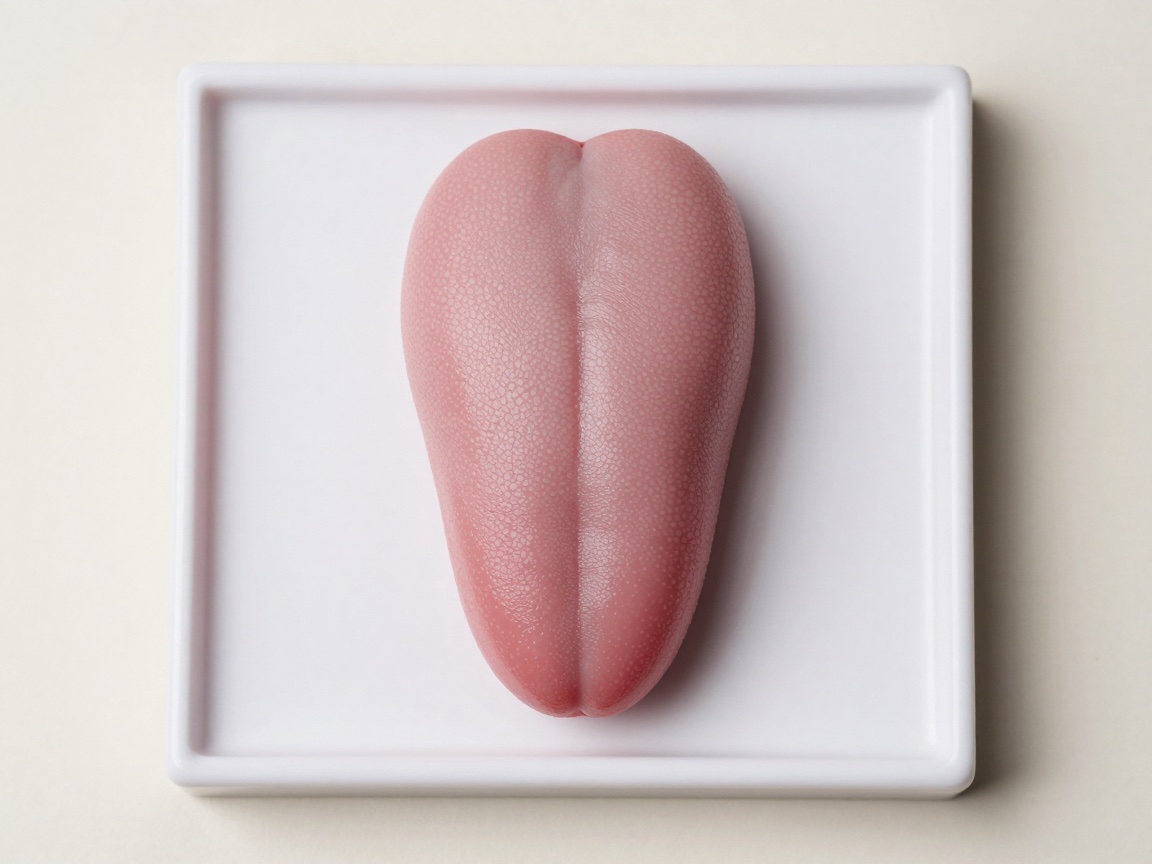 A pink tongue model lies flat on a white square tray, its surface covered in fine bumps.