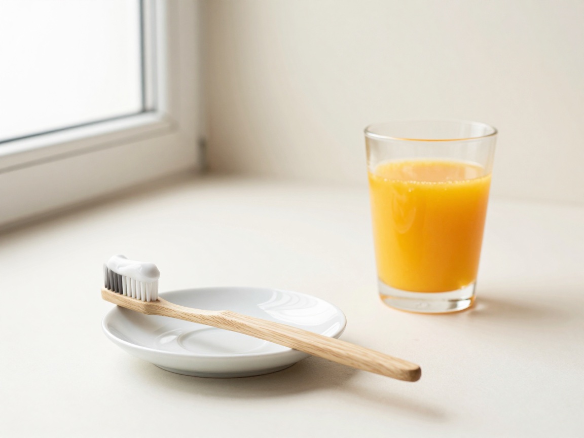 A wooden toothbrush topped with white toothpaste rests on a small white saucer beside a glass of orange juice.
