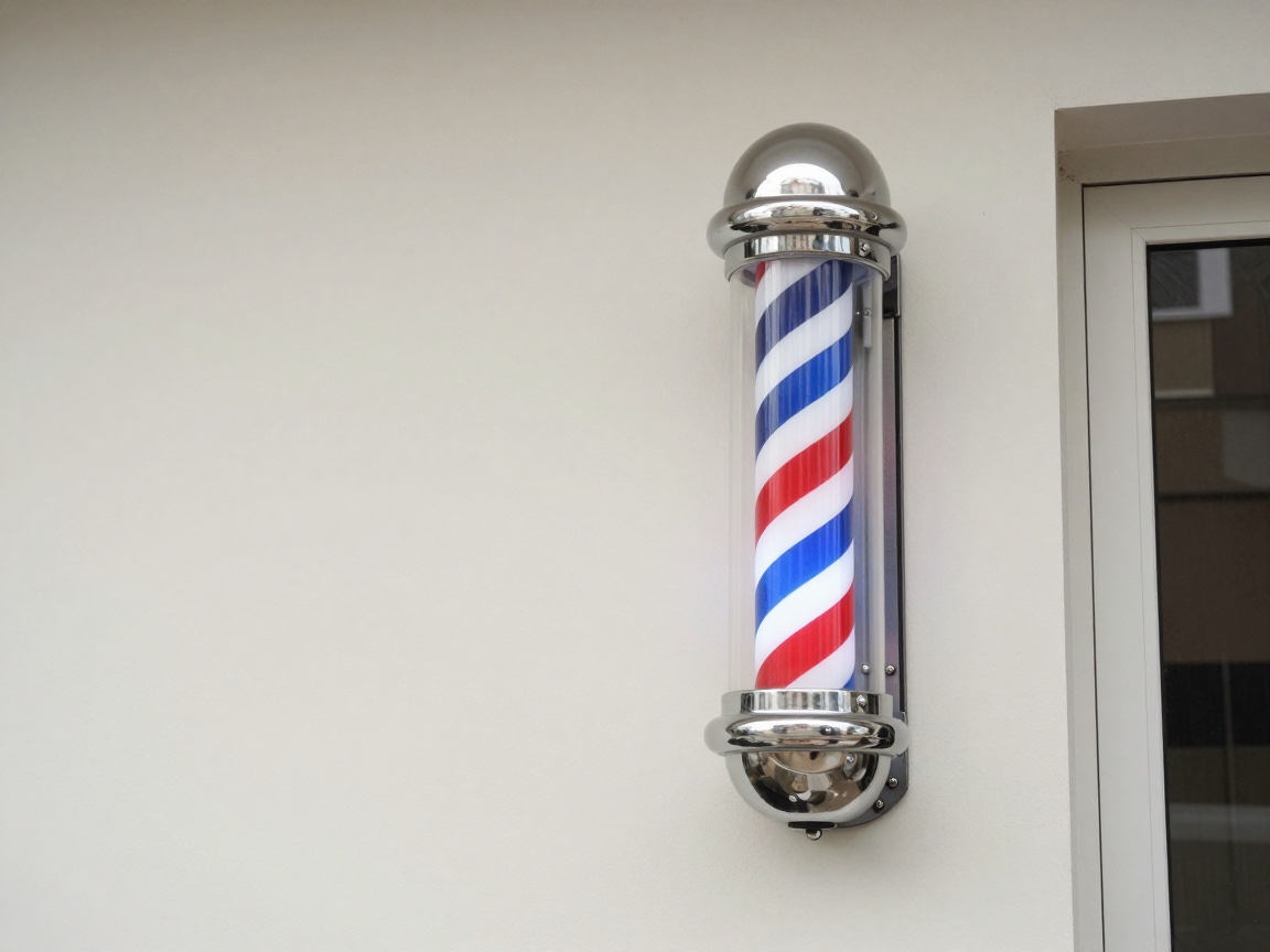 A classic barber pole with red, white, and blue spiral stripes and chrome caps mounted on an exterior wall.