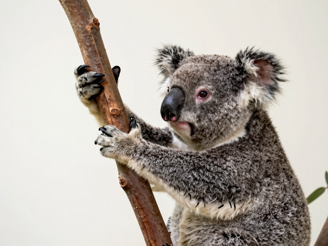A fluffy koala clings tightly to a tree branch with its sharp-clawed paws.