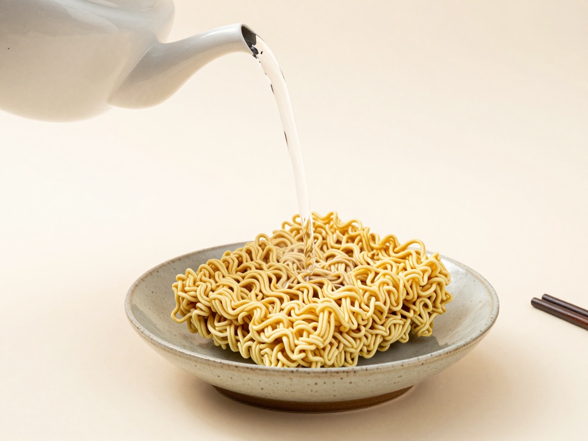 A white kettle pours hot water onto a block of golden, crinkly instant noodles in a speckled ceramic bowl.