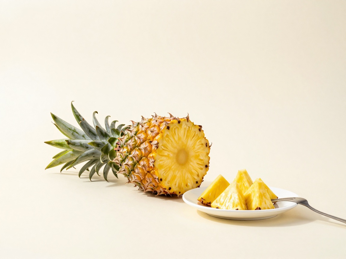 A halved pineapple lies on its side showing golden flesh, beside a small white plate of pineapple chunks and a fork.