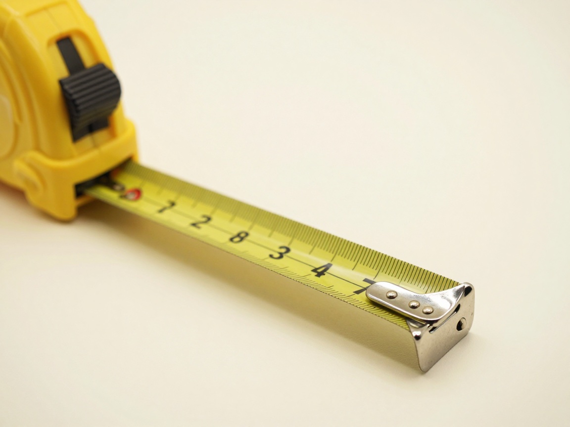 A yellow tape measure with its blade pulled out, focusing on the riveted metal hook at the end.
