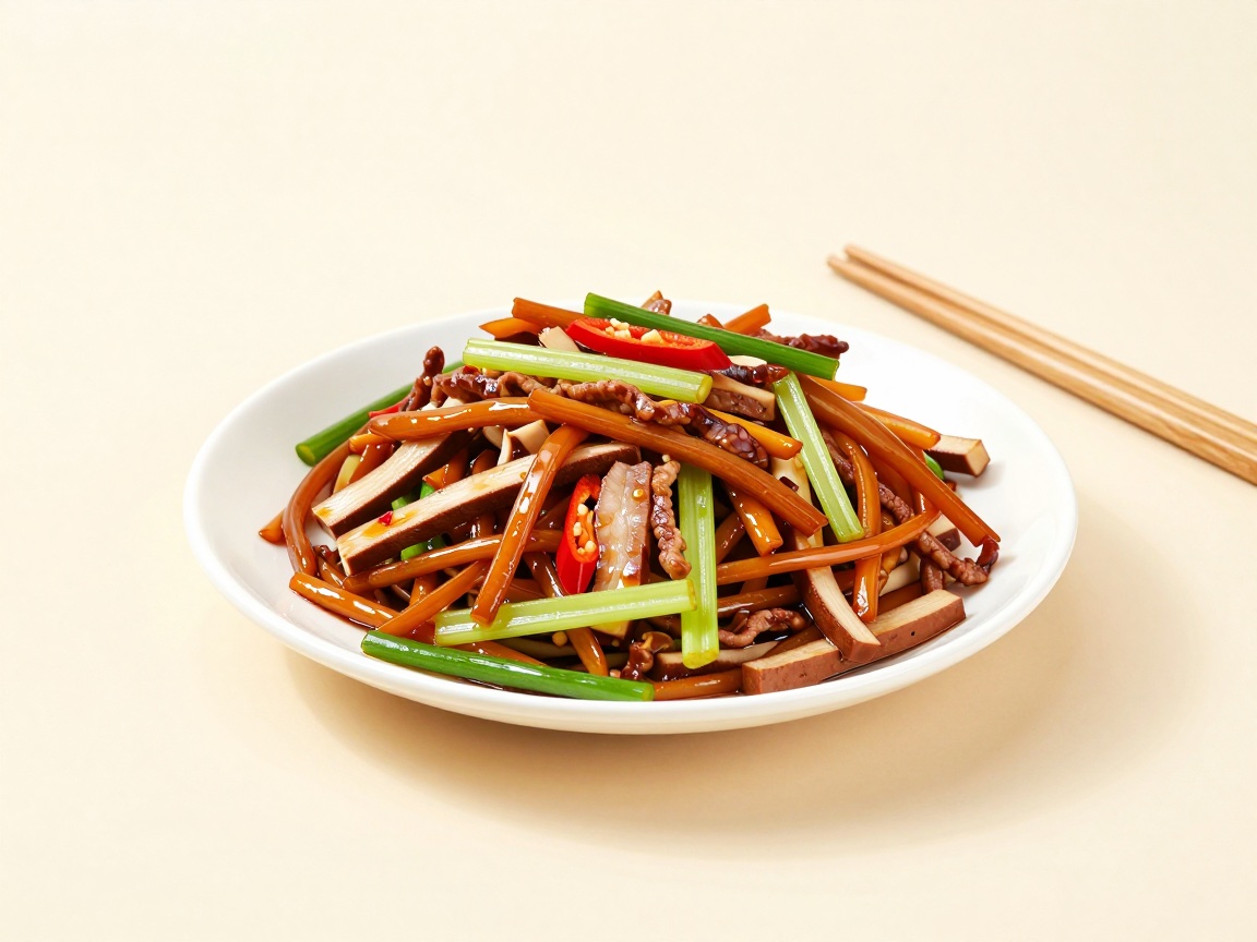 A white plate heaped with glossy soy-brown stir-fry of squid strips, pressed tofu strips, celery, scallions and red chili, chopsticks beside it.