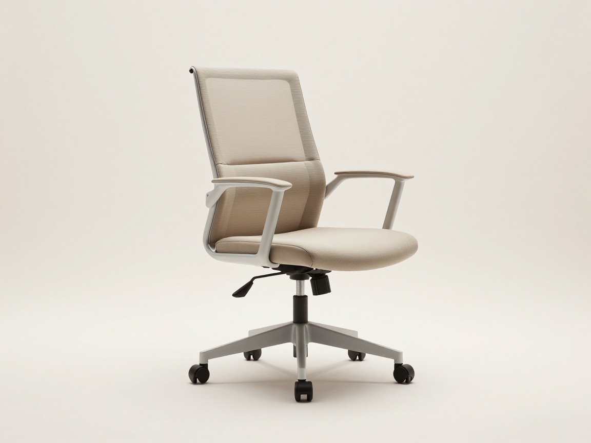 A beige mesh-back office chair on a five-spoke base with small castor wheels, against a pale background.